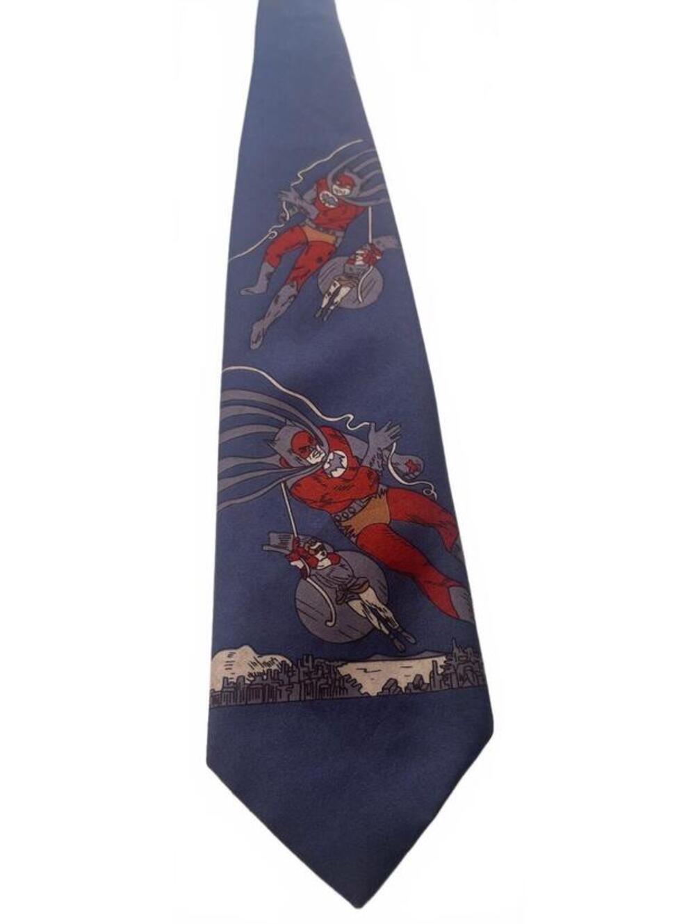 Vintage Walton Clothes Blue Polyester Tie with Retro Batman/Robin Design 1940s